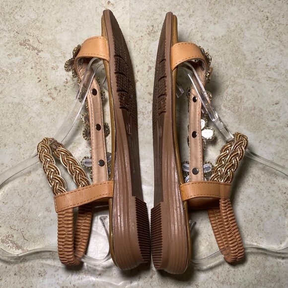 Womens Tan Beaded Floral Sandals Braided Strap Rhinestones Boho Fairy Cottage - Picture 7 of 9